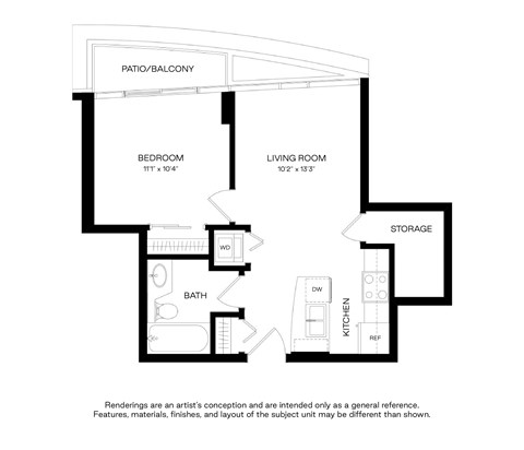 Floor plan for 1 bed, 1 bath, 515 sqft